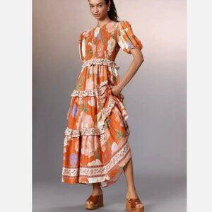 Farm Rio Short-Sleeve Crew-Neck Tiered A-Line Maxi Dress Orange SP S Petite NWT